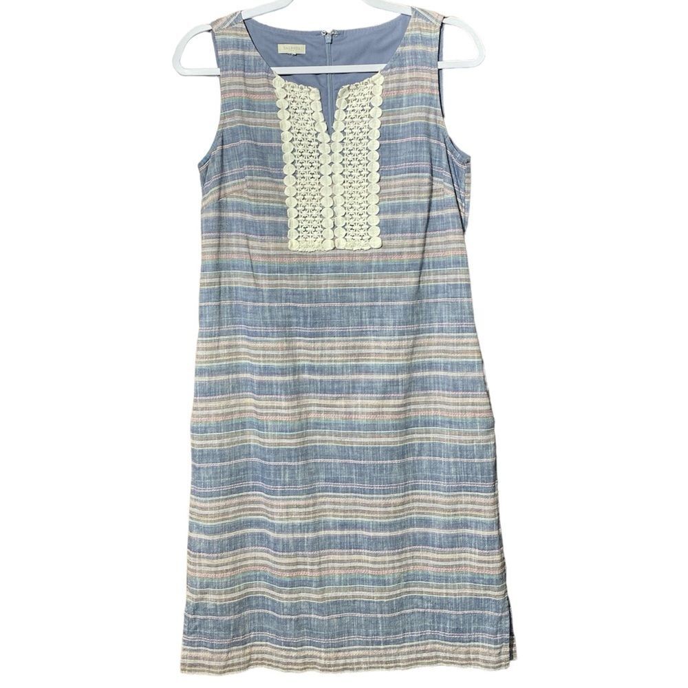 Talbots Striped Cotton Crochet Split Neck Embroidered Shift Dress With Pockets